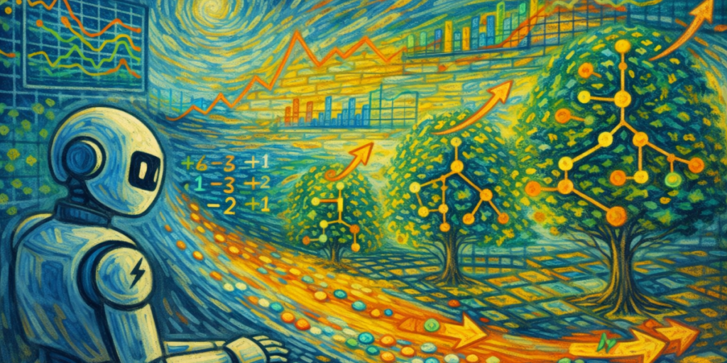 Blog 19 Illustration in a Van-Gogh-inspired style showing a calm humanoid robot observing a flowing stream of data that transforms into adaptive decision trees. Swirling blue and yellow brushstrokes depict real-time data streams, changing graphs, and evolving tree structures, symbolizing Streaming Gradient Boosting and online learning under concept drift.