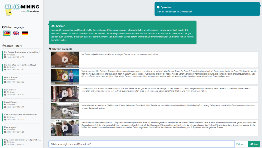 Der Audio Mining LLM-Prototyp beantwortet die Frage „Gibt es Neuigkeiten im Dönerstreit?“. 