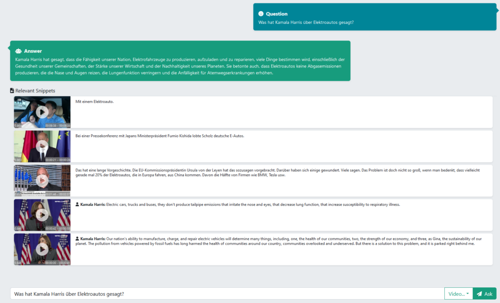 Der Audio Mining LLM-Prototyp liefert teilweise irrelevante Segmente zur gestellten Frage.