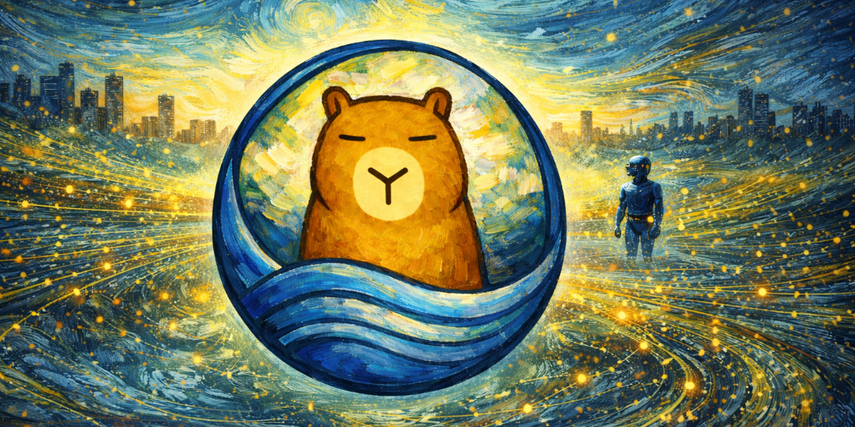 Van-Gogh-inspired digital painting in wide format showing the CapyMOA capybara logo centered within a circular blue frame, surrounded by swirling blue and golden data streams under a glowing night sky, with a distant city skyline and a small humanoid robot observing the scene.