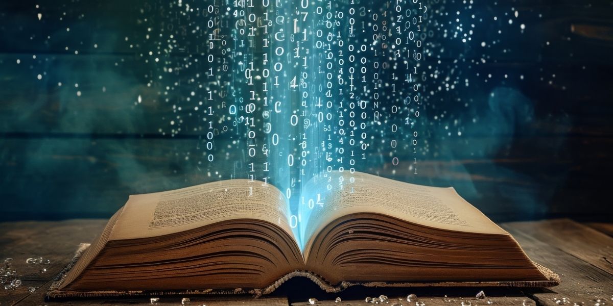 An open book with glowing binary code and light streams rising from its pages, symbolizing the fusion of storytelling and digital technology.