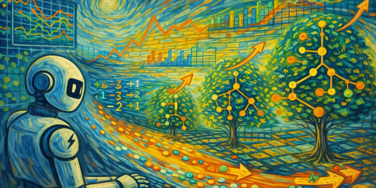 Illustration in a Van-Gogh-inspired style showing a calm humanoid robot observing a flowing stream of data that transforms into adaptive decision trees. Swirling blue and yellow brushstrokes depict real-time data streams, changing graphs, and evolving tree structures, symbolizing Streaming Gradient Boosting and online learning under concept drift.