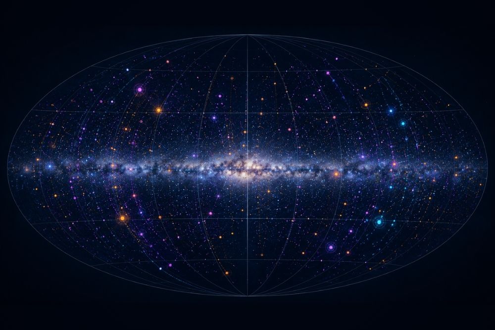 All-sky map of the Milky Way with astrophysical signal sources and scientific data visualisations, illustrating AI-supported research on cosmic matter and high-energy phenomena.