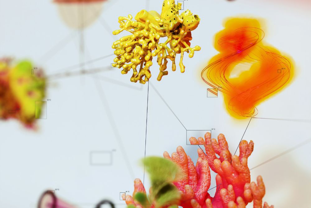 Digital artwork showing a flower in bloom, blending natural elements like animals and plants with technological motifs such as data streams, neural networks, and computer graphics. The image symbolizes the intersection of artificial intelligence, machine learning, sustainability, and scientific research in an outdoor-inspired, creative composition.