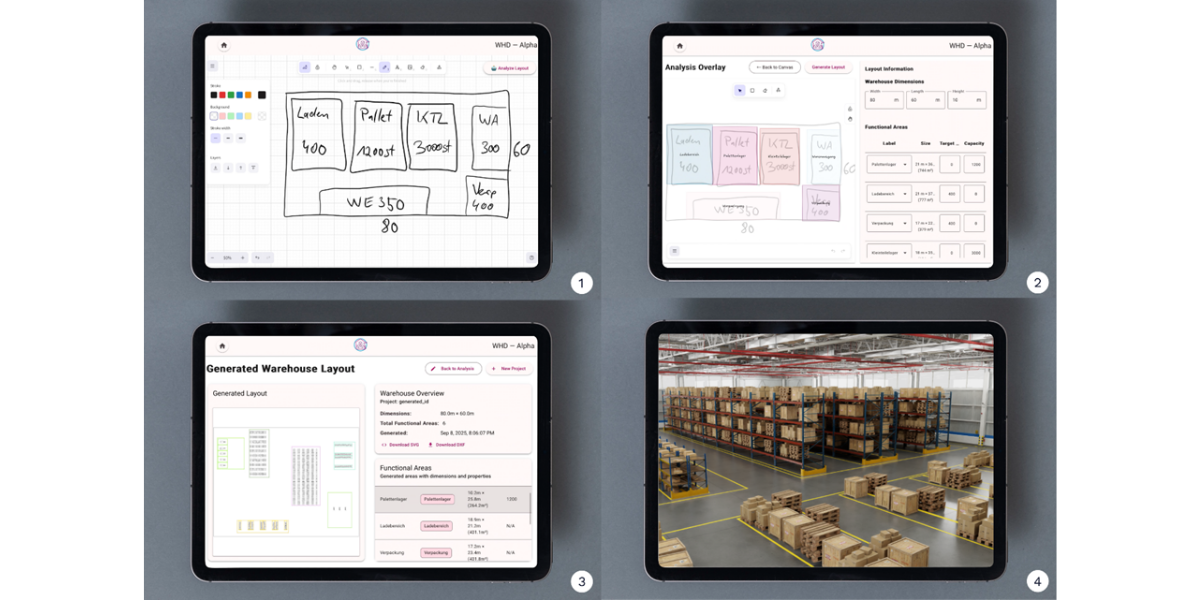 Collage of four photos which show the 4 steps of the WarehouseDesigner's workflow