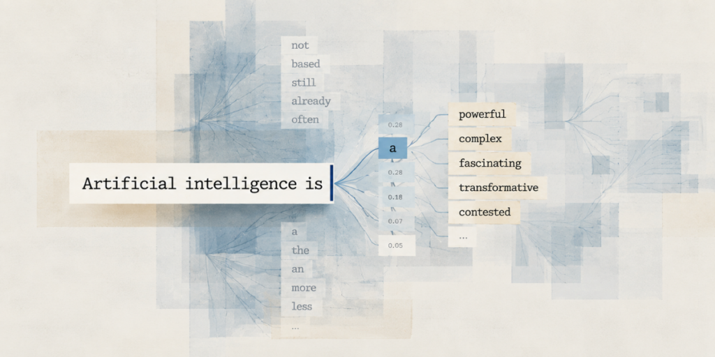 Editorial illustration of how language models work: the phrase ‘Artificial intelligence is’ branches into possible next words and probability values.
