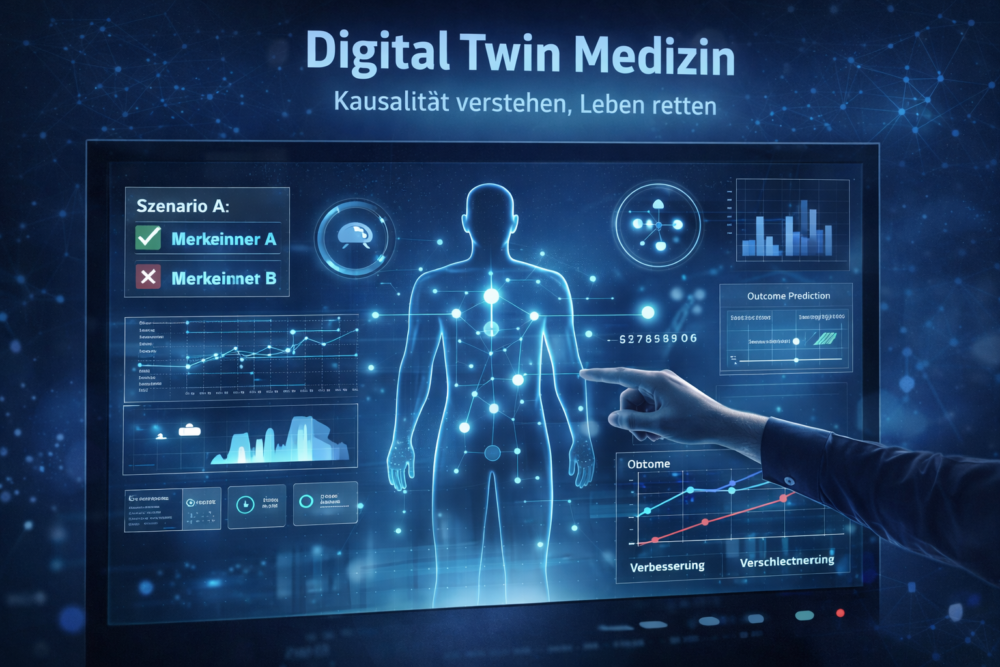 Abstract visualization of a digital twin with medical data and analytics representing AI-supported treatment decisions in the “Digital Twin Medicine” exhibit on the MS Wissenschaft.