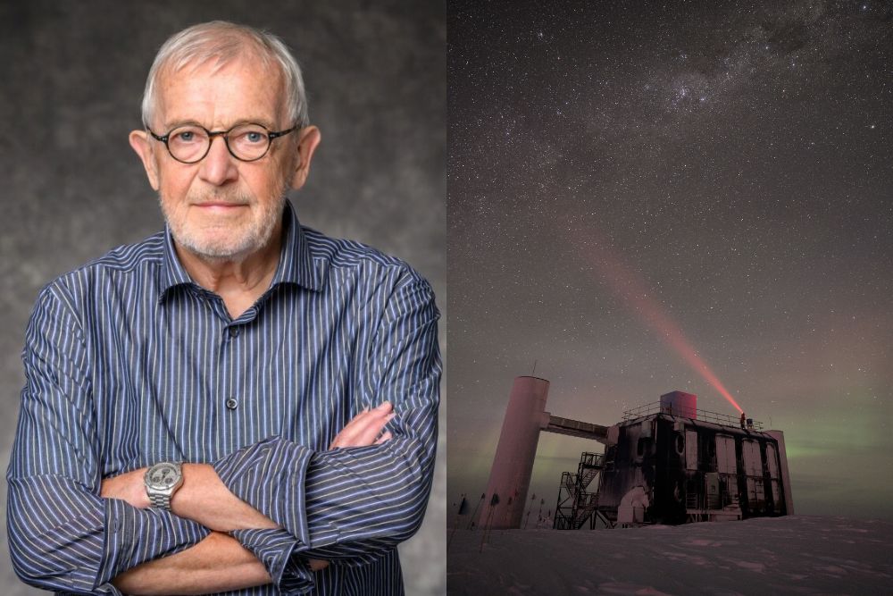 Composite image showing a portrait of Francis Halzen on the left and the IceCube laboratory at the South Pole beneath a starry sky on the right.