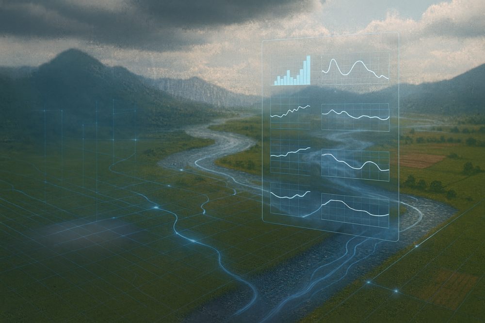 Illustration: Artificial intelligence in river modeling: The RiverMamba project uses deep learning methods to study flood patterns.