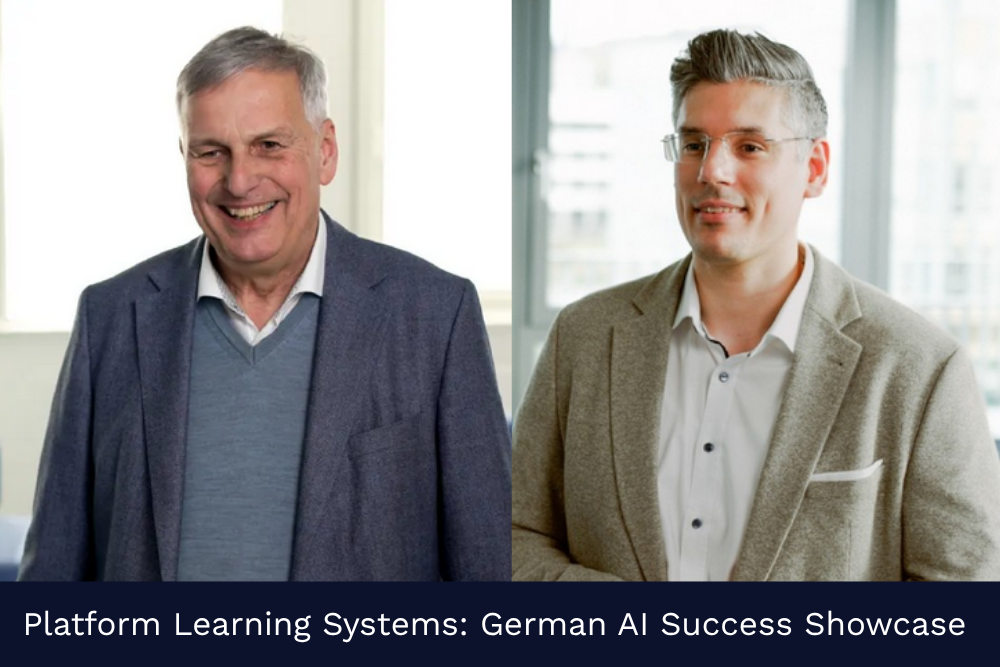 Prof. Dr. Wolfgang Rhode and Dr. Mehdi Ali from the Lamarr Institute featured in the Platform Learning Systems AI success showcase, standing in a research environment related to AI and machine learning projects.