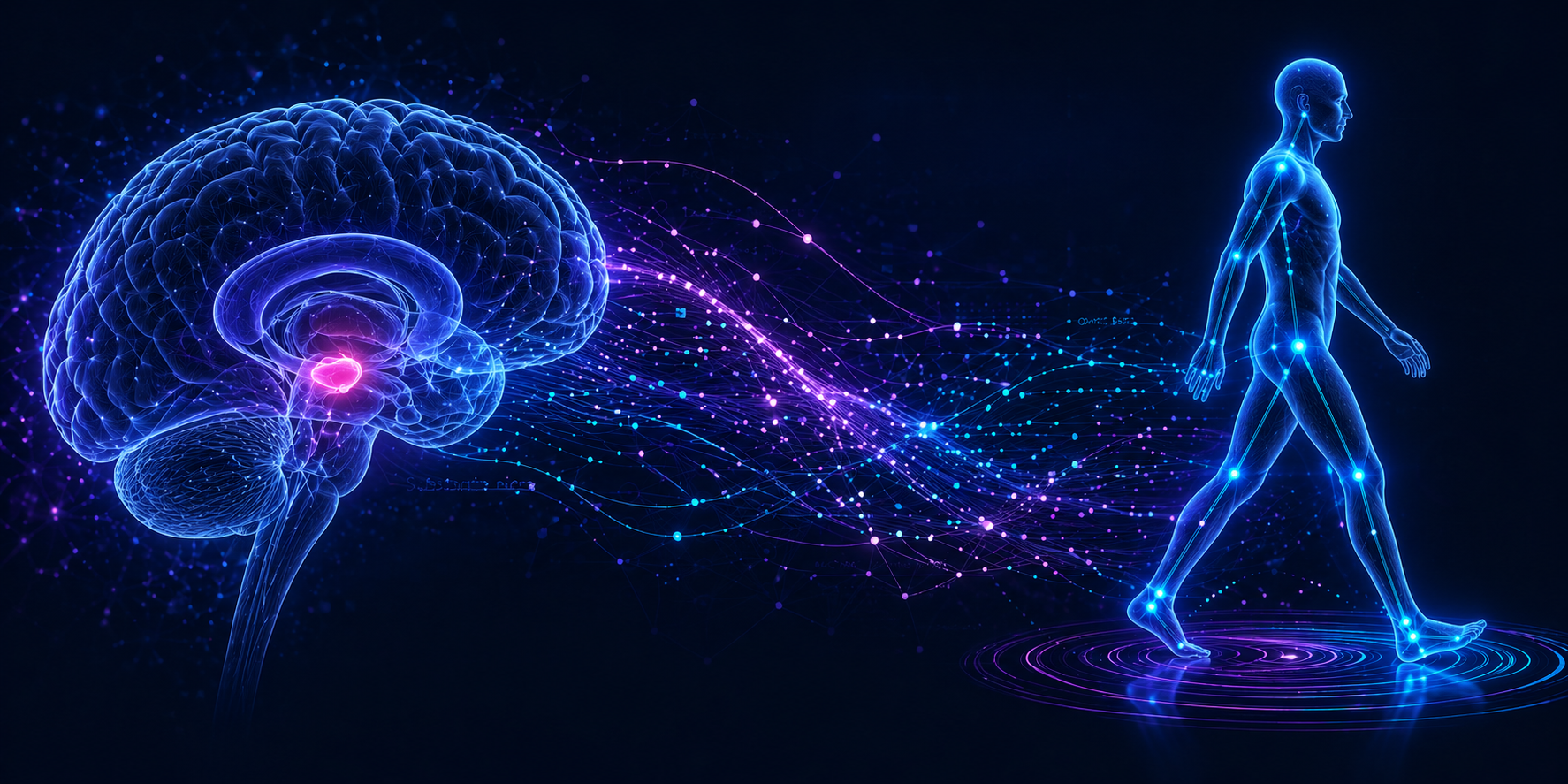 Illustration. Showing a glowing human brain in blue and purple tones connected to a stylized walking human figure. Bright data and network structures flow between the brain and body, symbolizing neurological processes, movement, and AI-supported Parkinson’s disease research.